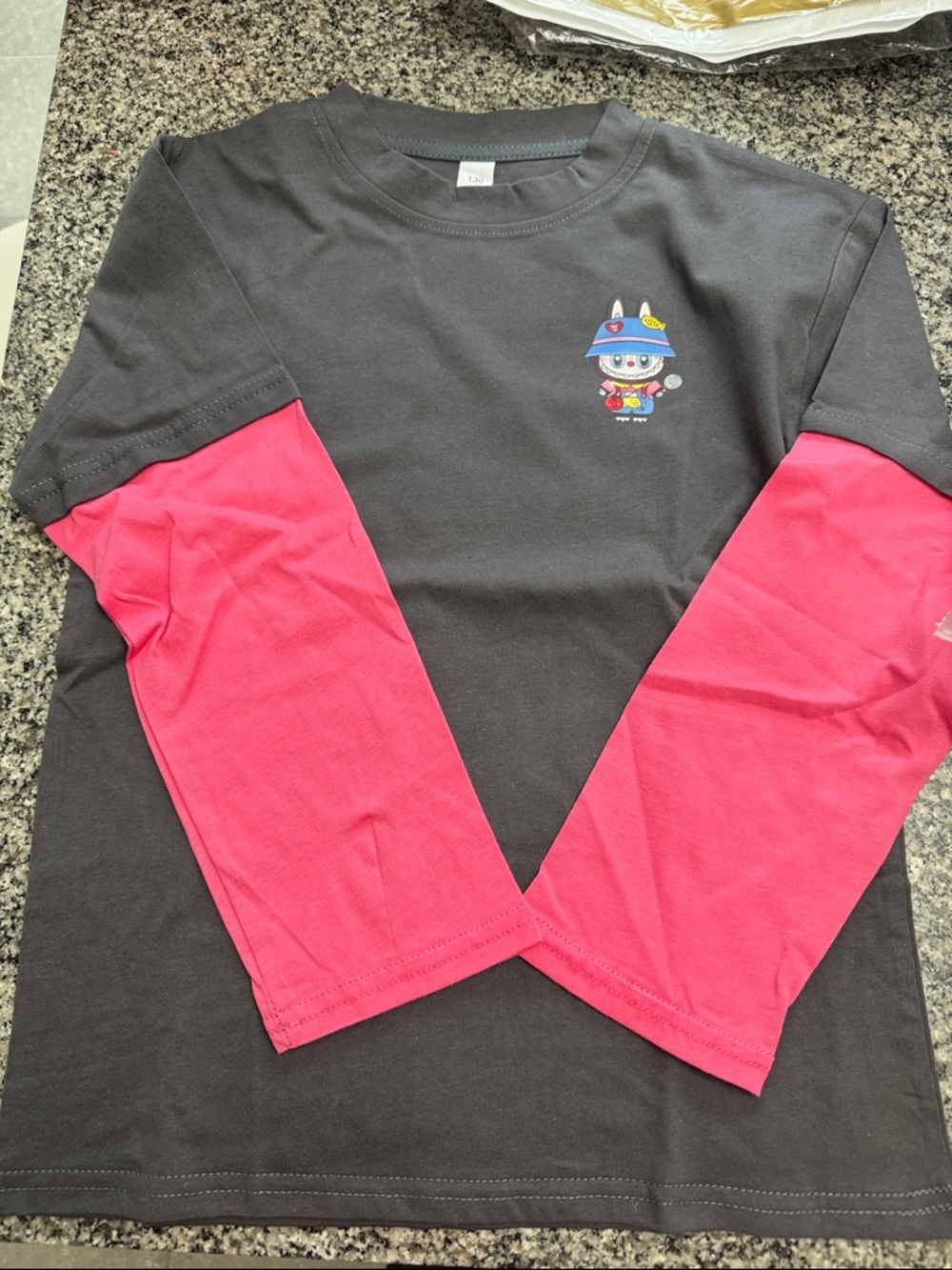 Kids Long Sleeve Layered-Look Shirt - Black with Pink Sleeves